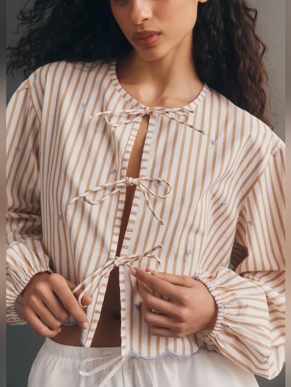 Anthropologie Tie-Front Embroidered Puff-Sleeve Shirt